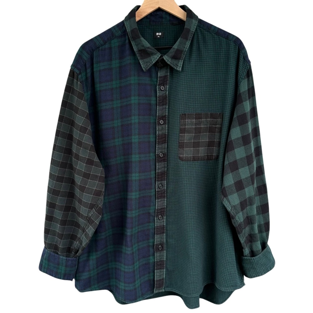 UNIQLO Mens 3XL Crazy Pattern Patchwork Plaid 100% Cotton Flannel Button Down